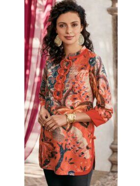 Soft Surroundings | Joy Luck Tunic Asian Inspired Blouse Red Orange | Size Large